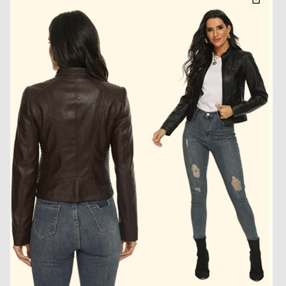 New with Tags Fahsyee Women's Zip-Up Faux Leather Jacket, Size M, Coffee Brown - Picture 10 of 13